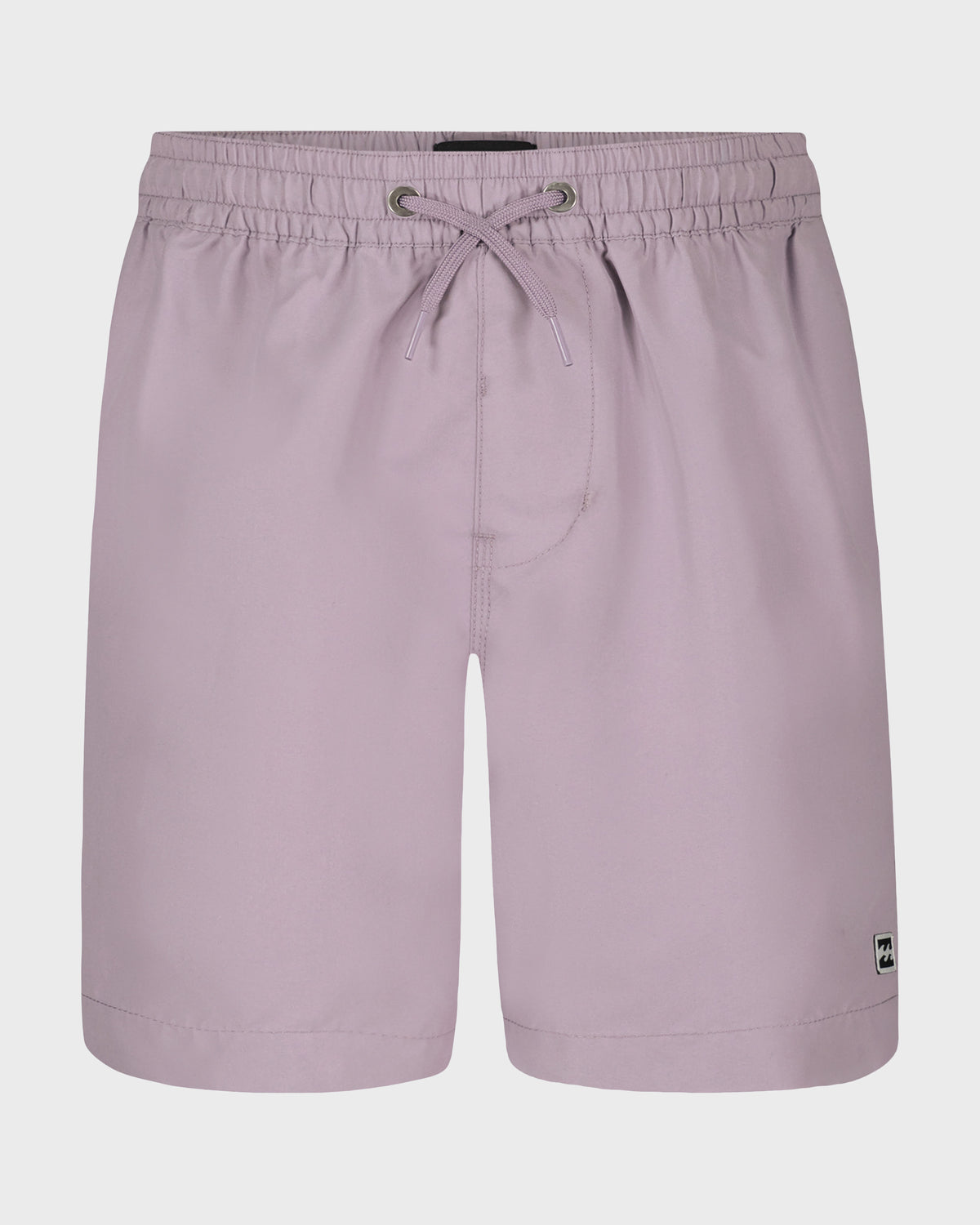 Lavender swim trunks with drawstring waistband, elastic cuff, and small logo patch on lower right leg.