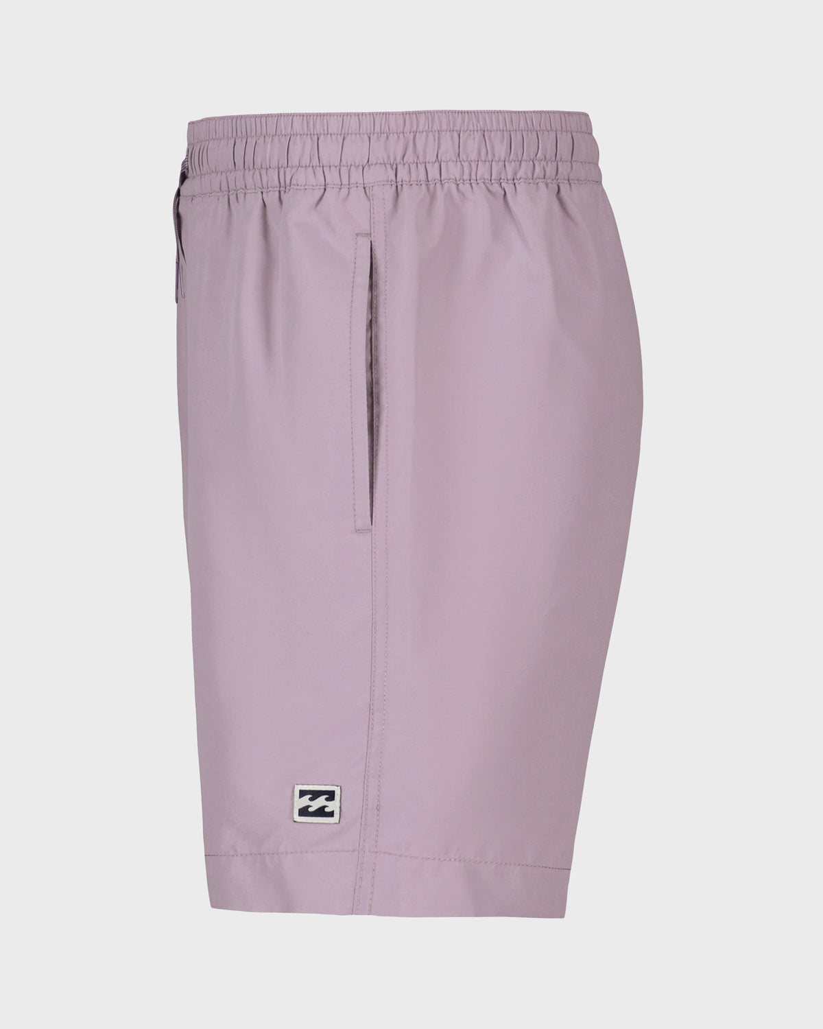 Mauve swim trunks with elasticated waistband, center front drawstring, and small logo patch on leg.
