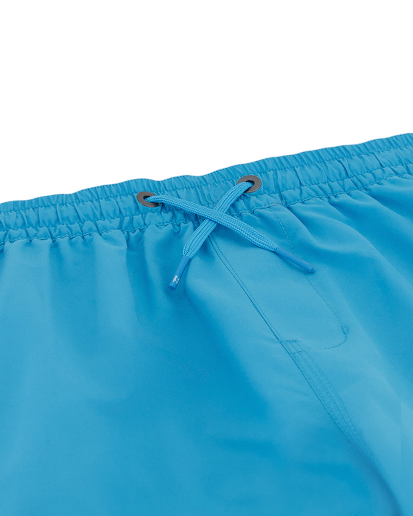 Light blue swim trunks with drawstring waistband, side pocket, and metal eyelets.