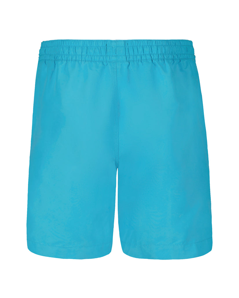 Turquoise swim trunks with elastic waistband and center seam detail.
