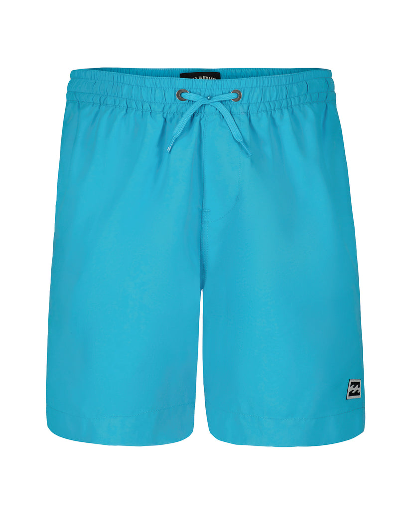 Turquoise swim trunks with elastic waistband, drawstring closure, and small logo patch on leg.