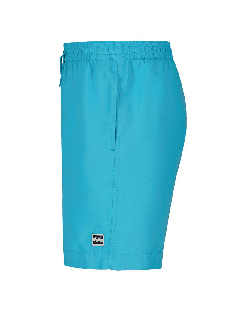 Turquoise swim trunks with elastic waistband, drawstring, and brand patch detail on leg.