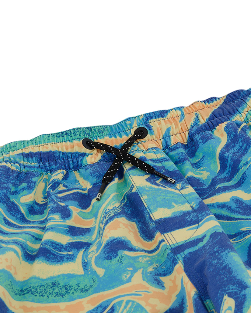 Boys swim trunks with blue, teal, and yellow swirled pattern and black drawstring with metal aglets.