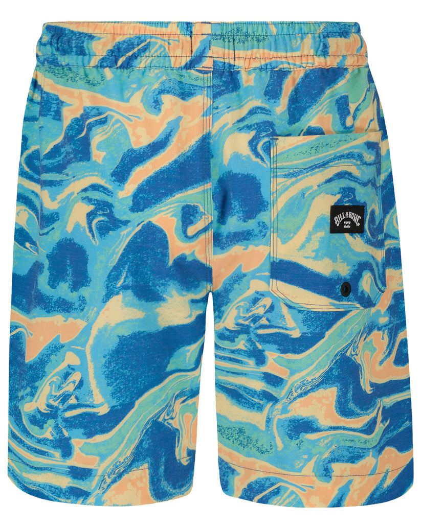 Boys swim trunks with blue, teal, and yellow abstract swirl pattern, elastic waistband, and side pocket.