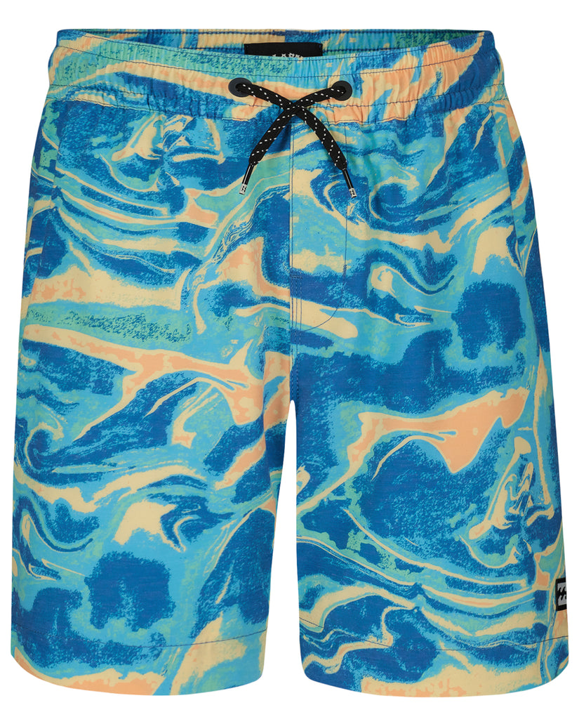 Boys swim trunks with blue, teal, and tan marble swirl pattern and black drawstring waistband.