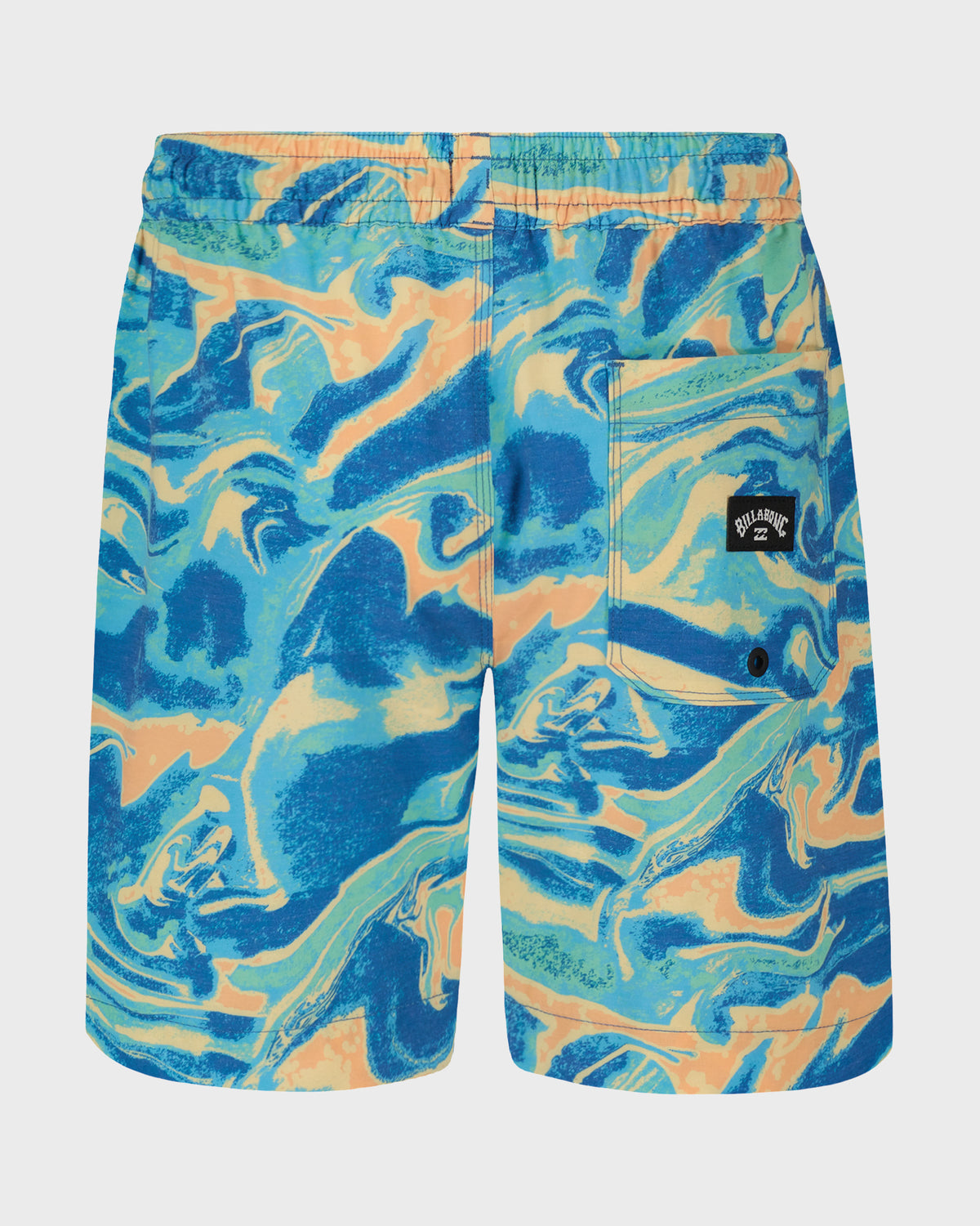 Blue, orange, and yellow abstract patterned swim trunks with drawstring waist and side pocket.