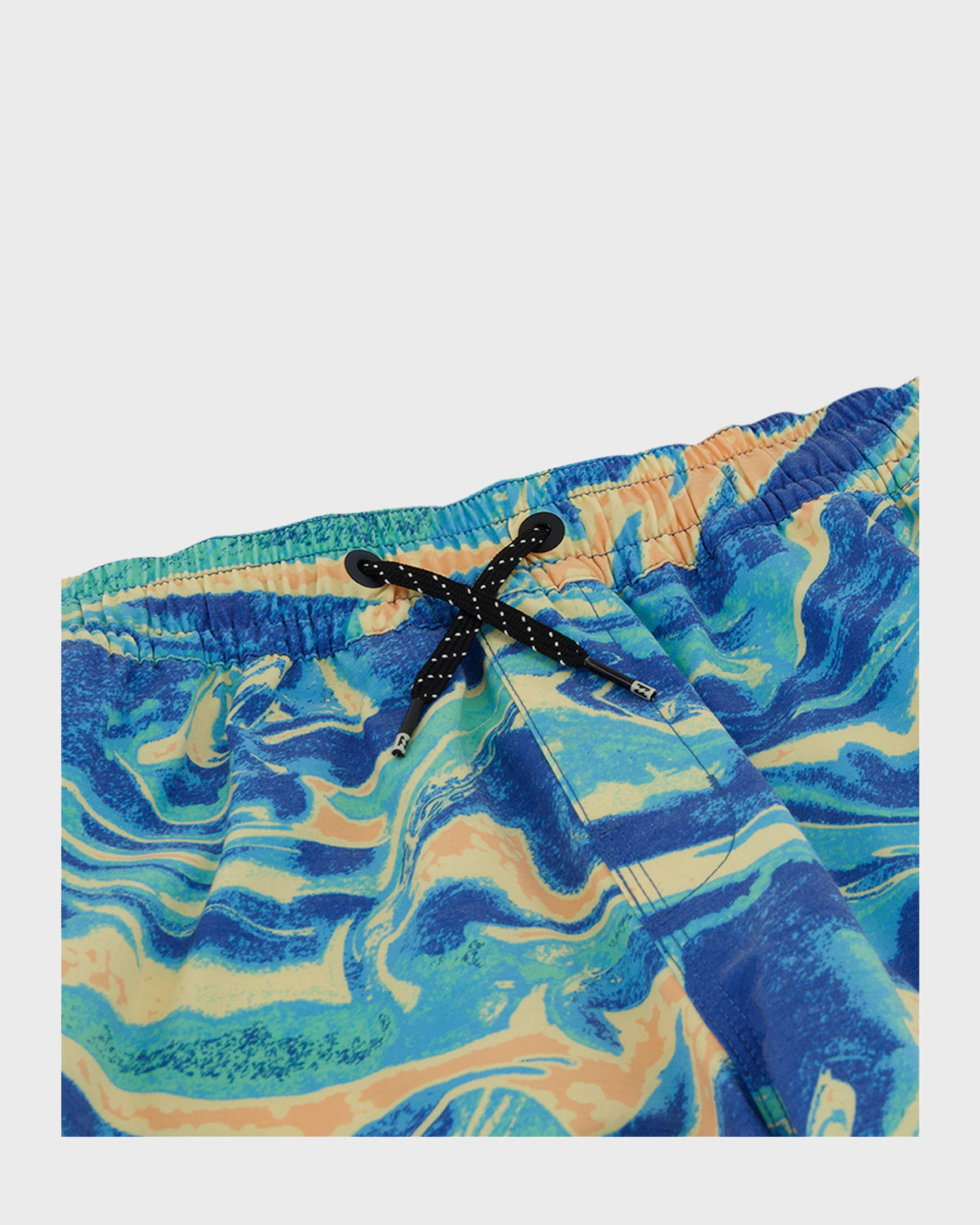 Blue, yellow, and green marbled swim trunks with black drawstring and waistband detail.