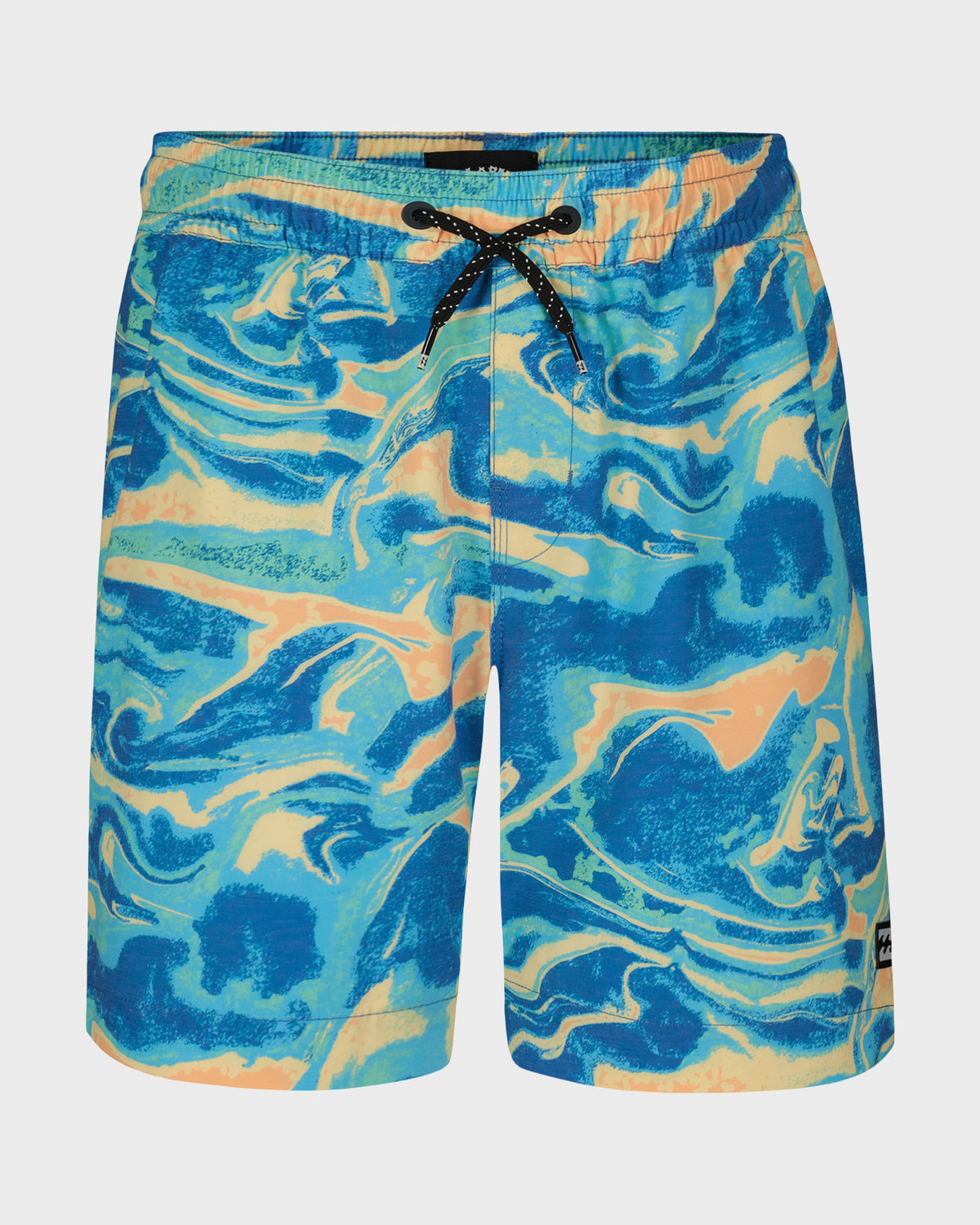 Boys swim trunks in blue, teal, and yellow marbled pattern with black drawstring waist.
