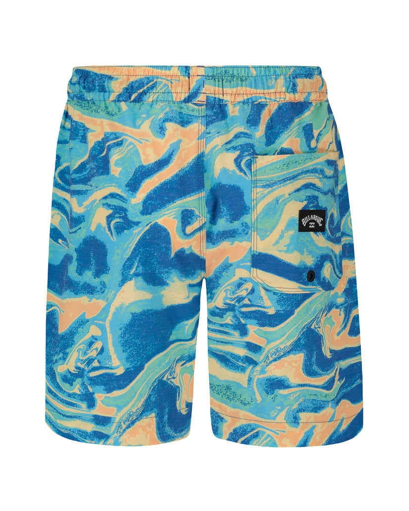 Boys' swim trunks with blue, turquoise, and yellow abstract swirl print, elastic waistband, and side pockets.