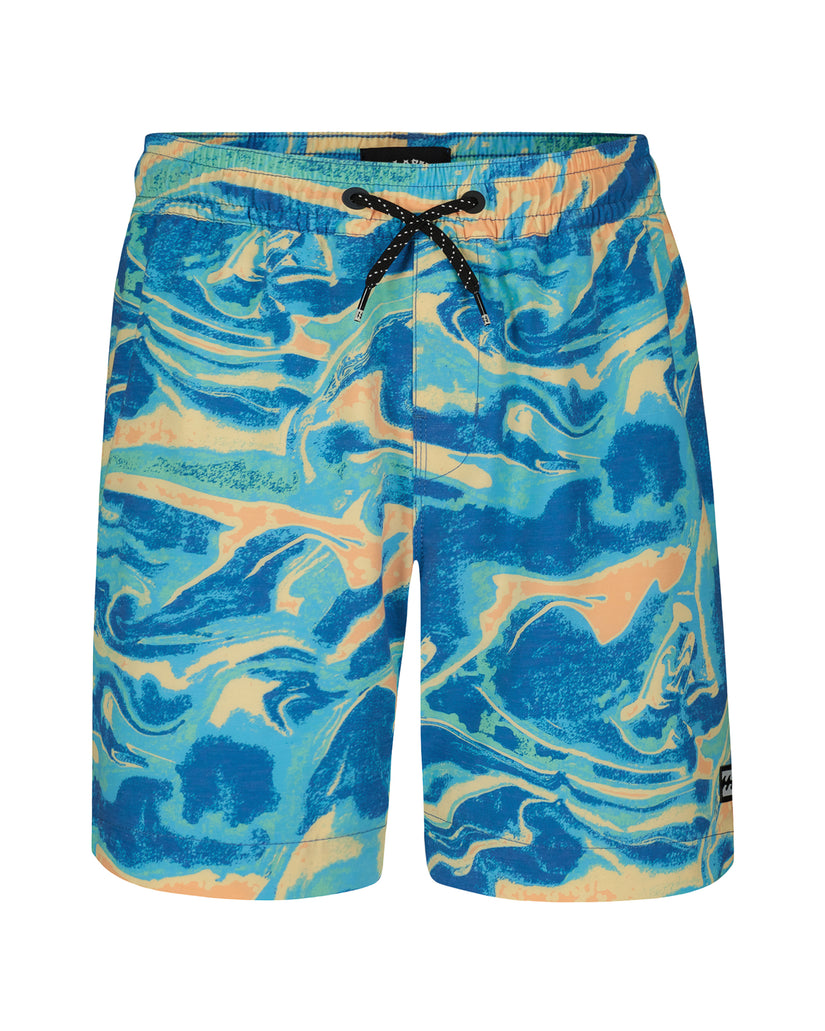 Boys' swim trunks with blue, turquoise, and peach abstract swirl pattern and black drawstring waistband.