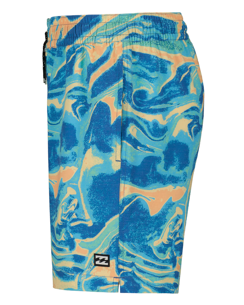 Boys' swim trunks with blue, teal, and peach abstract wave pattern, drawstring waist, and side pocket.