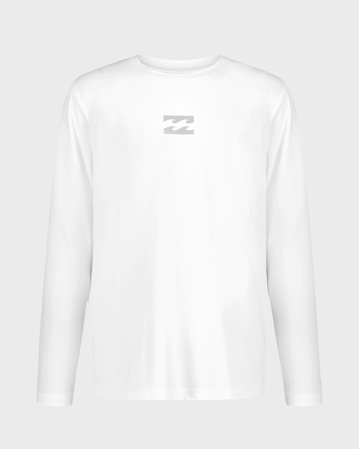 White long sleeve surfshirt with small gray logo on chest.