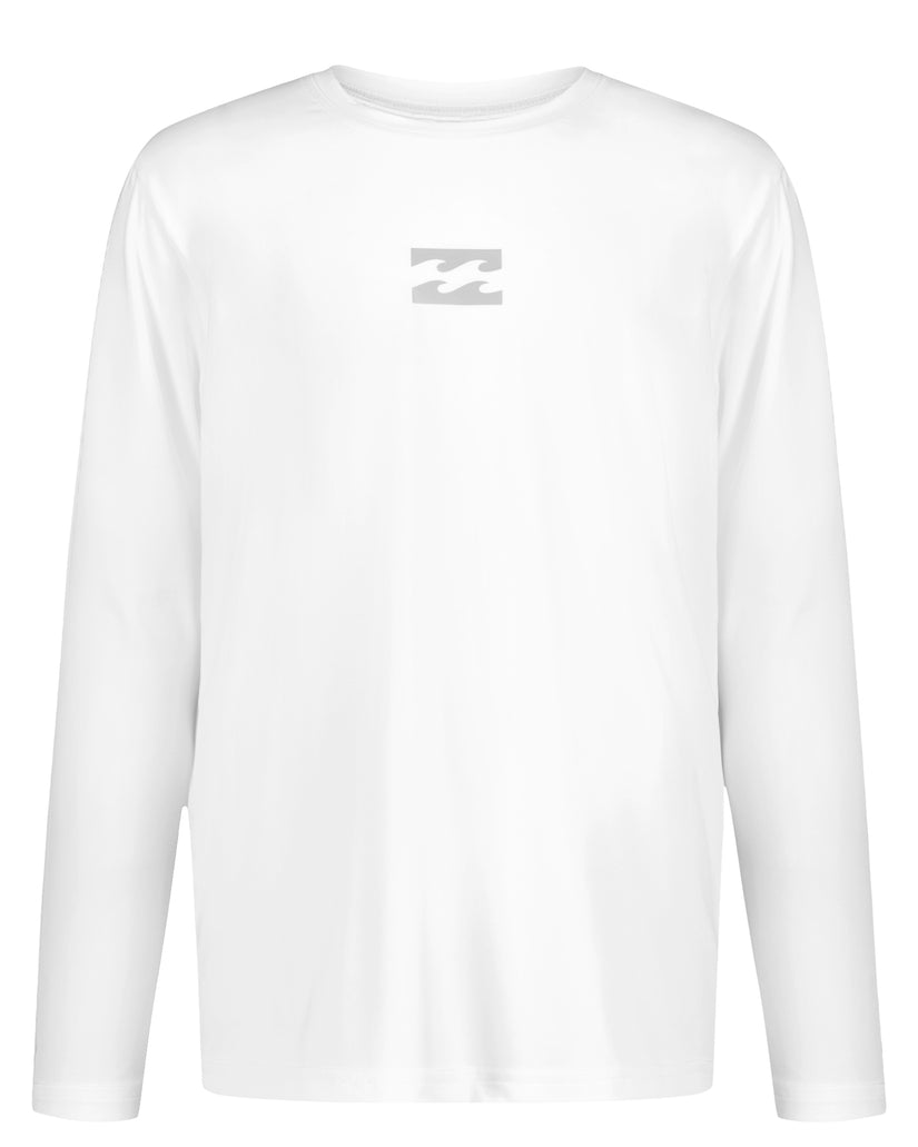 White long-sleeve surfshirt with gray wave logo on chest.