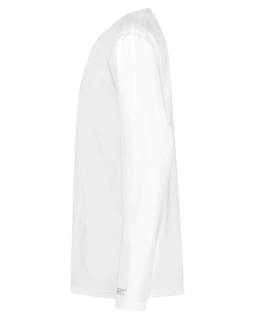 White long sleeve surfshirt with crew neckline, shown from the side.