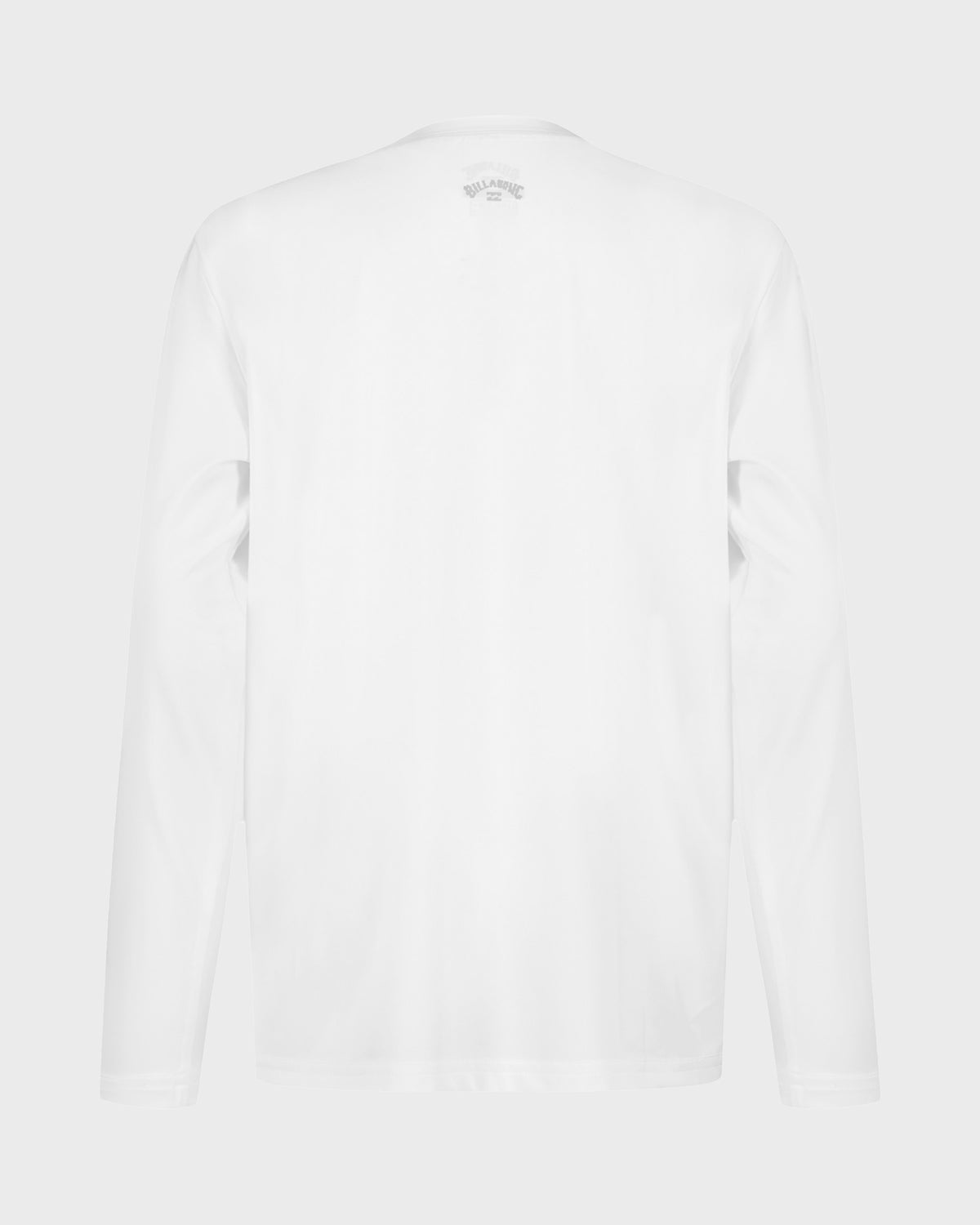 White long-sleeve surfshirt with brand logo on back neck, shown flat against gray background.