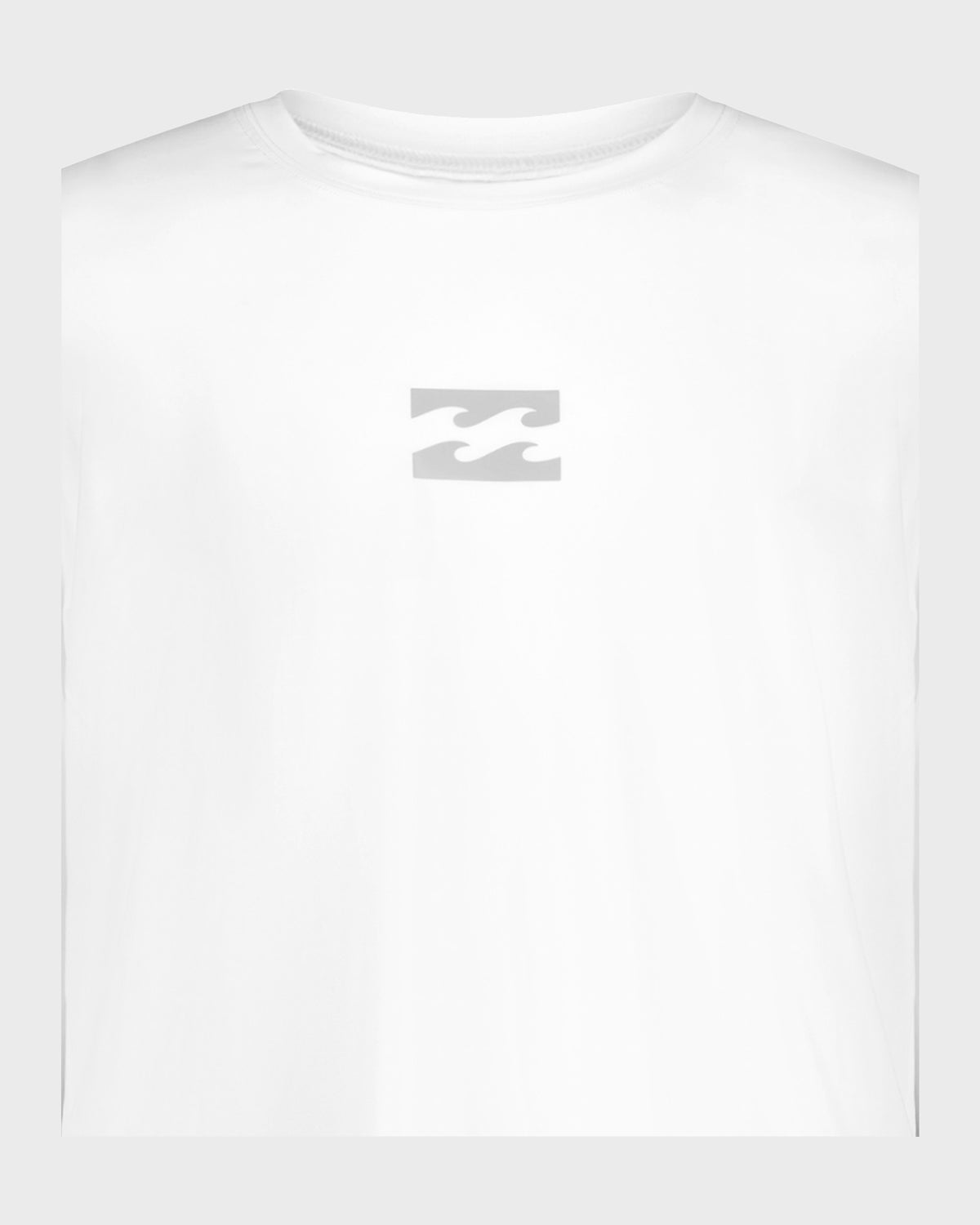 White long sleeve surfshirt with gray wave logo printed on center chest.