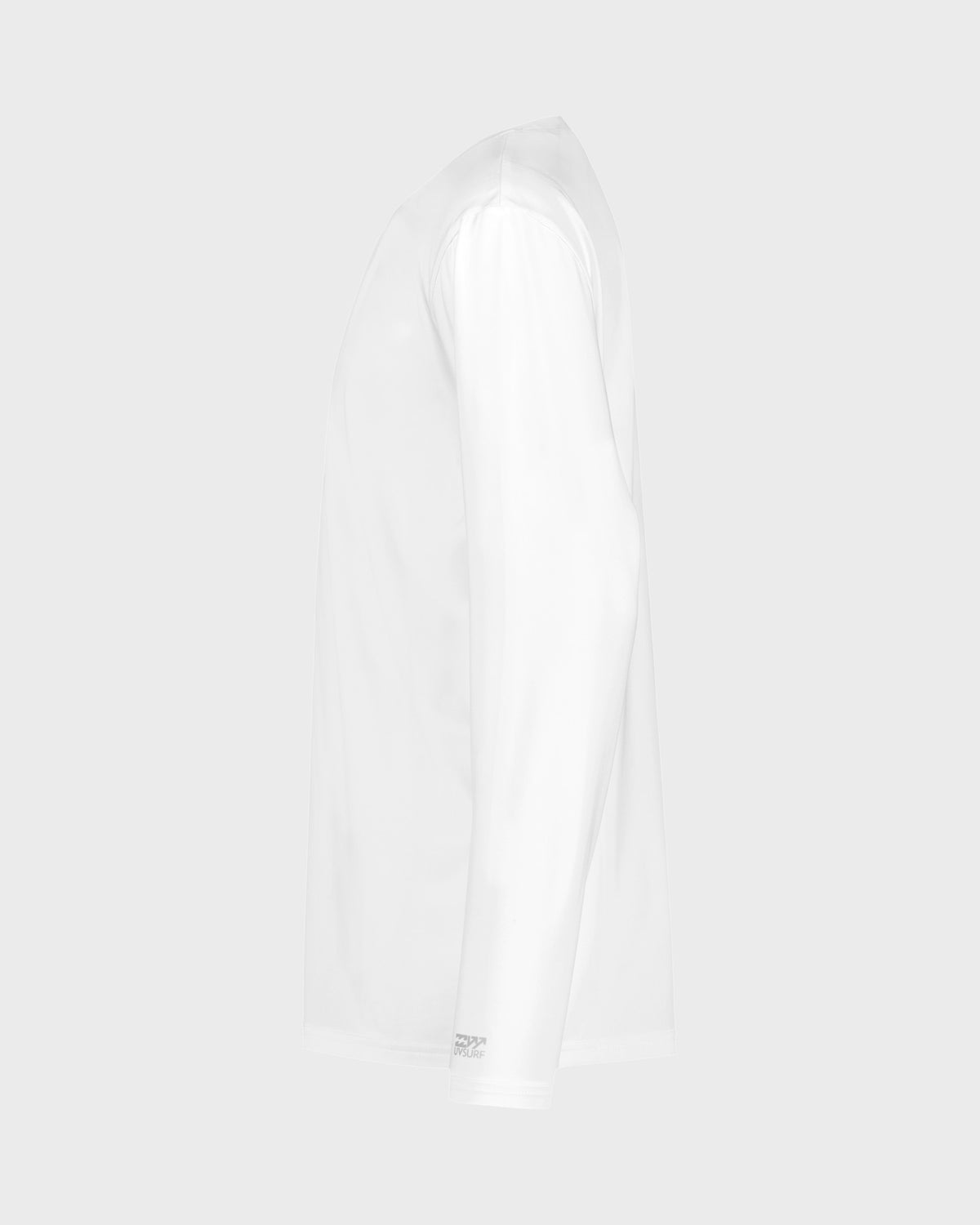 White long-sleeve surfshirt with crew neckline and fitted sleeves, displayed on a flat lay.