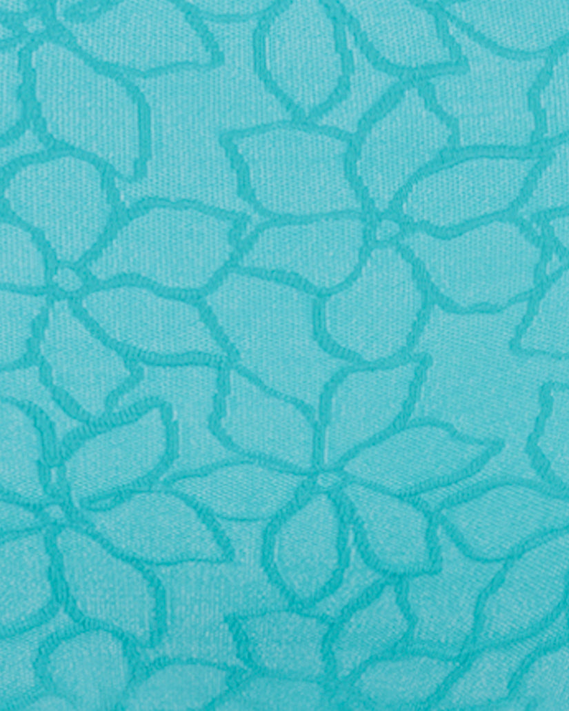 Turquoise bikini top with textured shell pattern and center front bow detail.