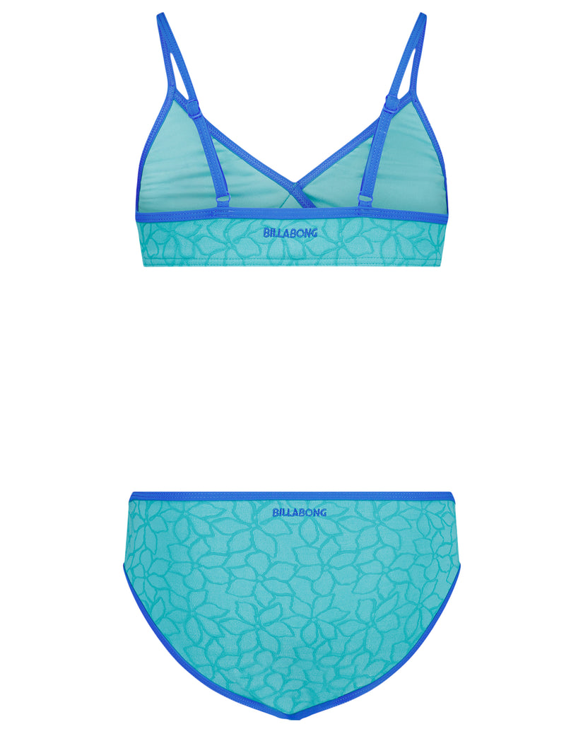 Girls' two-piece bikini set with turquoise and blue color-blocking, leaf pattern, and cross-back straps.