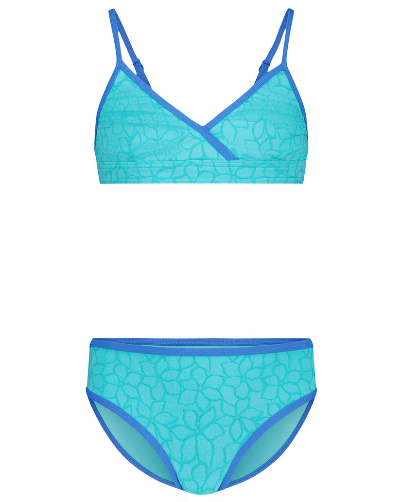 Turquoise bikini set with leaf pattern and blue trim on top and bottom pieces.