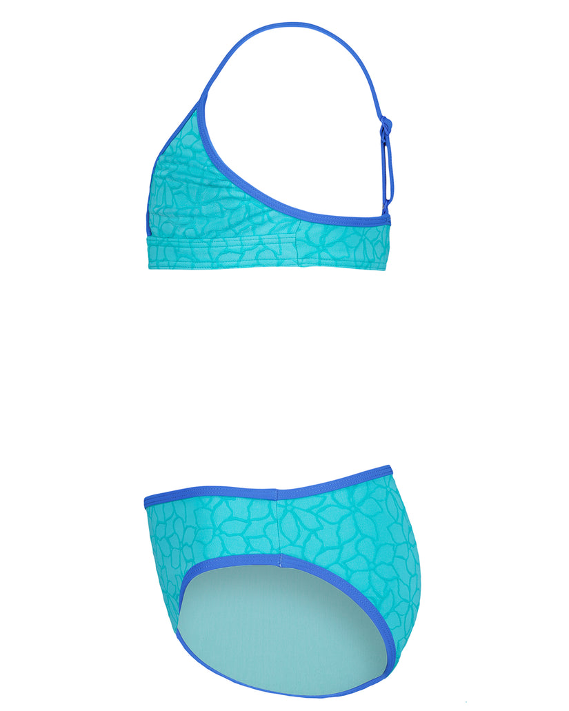 Turquoise bikini set with geometric print pattern and blue trim on halter top and briefs.