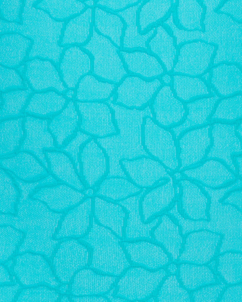 Turquoise one-piece swimsuit fabric with textured geometric leaf pattern throughout.