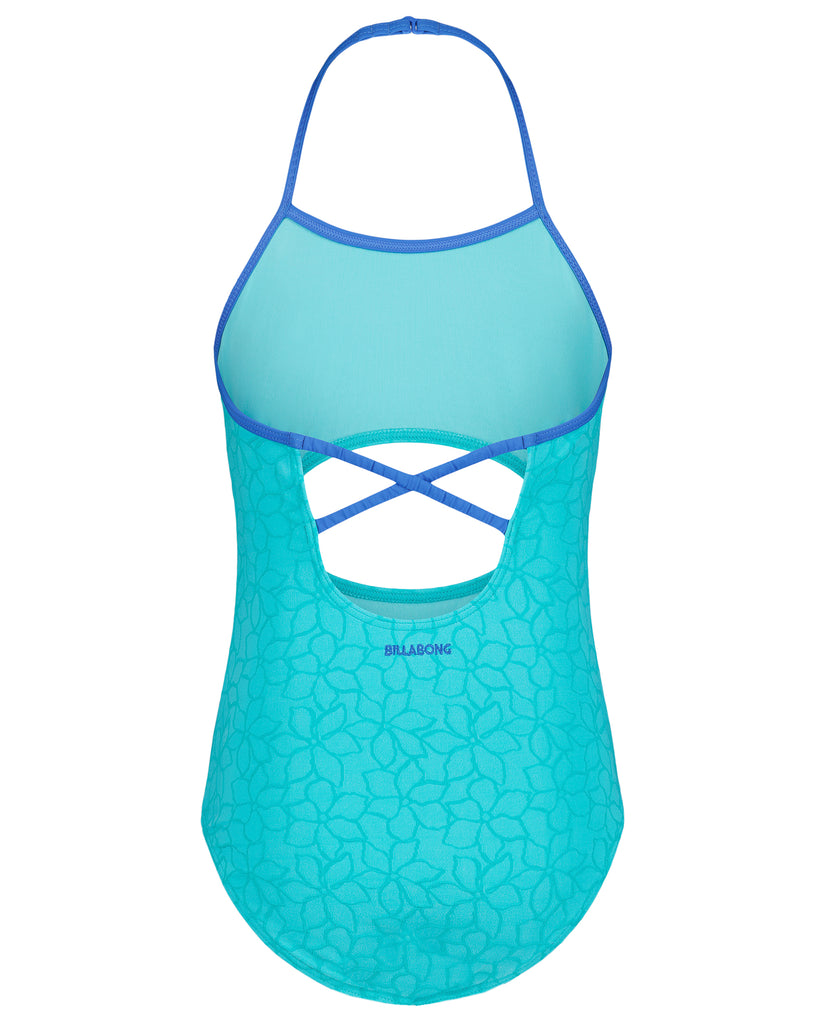 Blue and turquoise one-piece swimsuit with halter neckline, cutout back with cross straps, and geometric pattern on lower bod