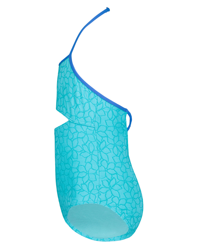 Turquoise one-piece swimsuit with floral print pattern and blue trim halter neckline.