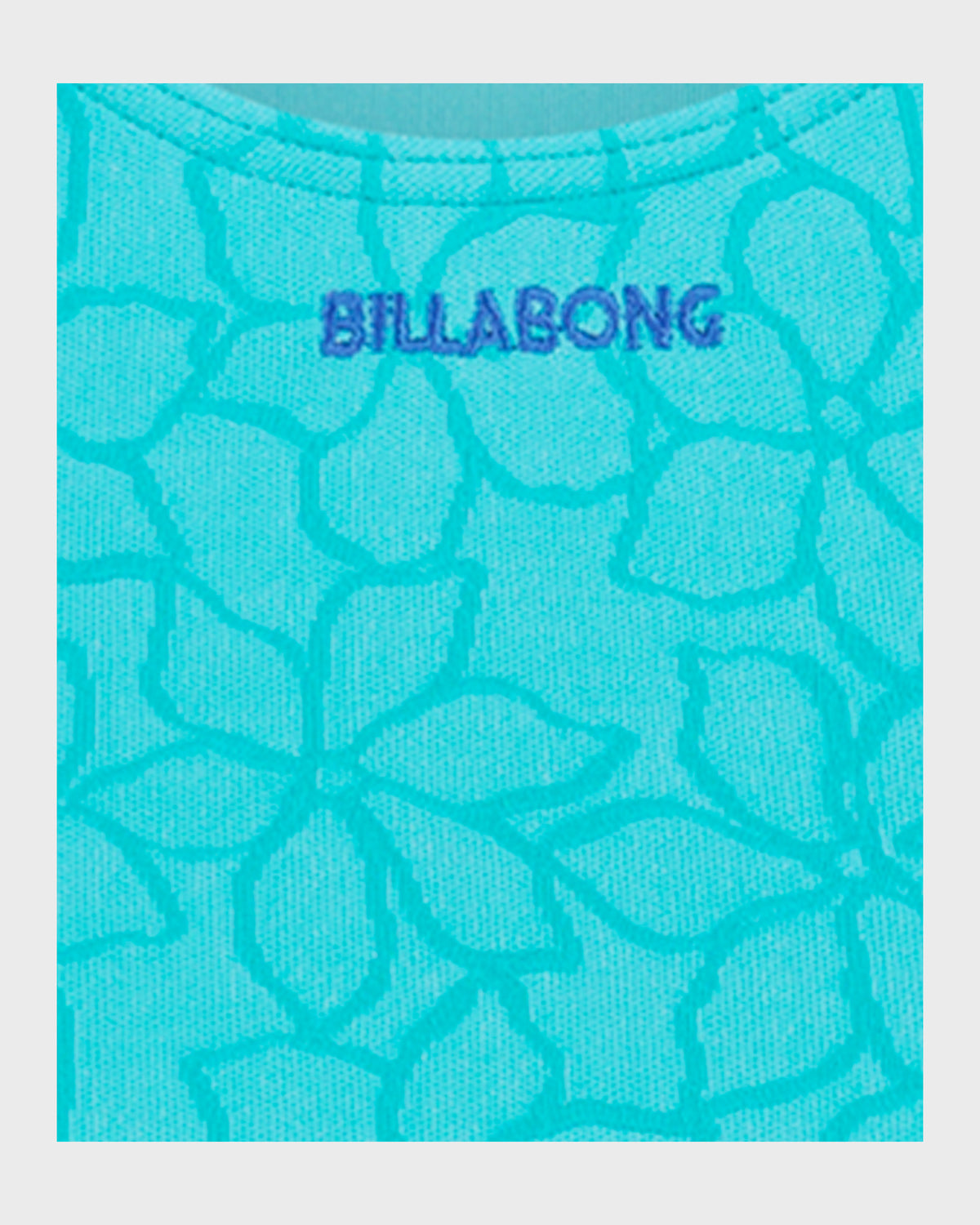 Turquoise one-piece swimsuit with abstract wave pattern and blue Billabong text branding.