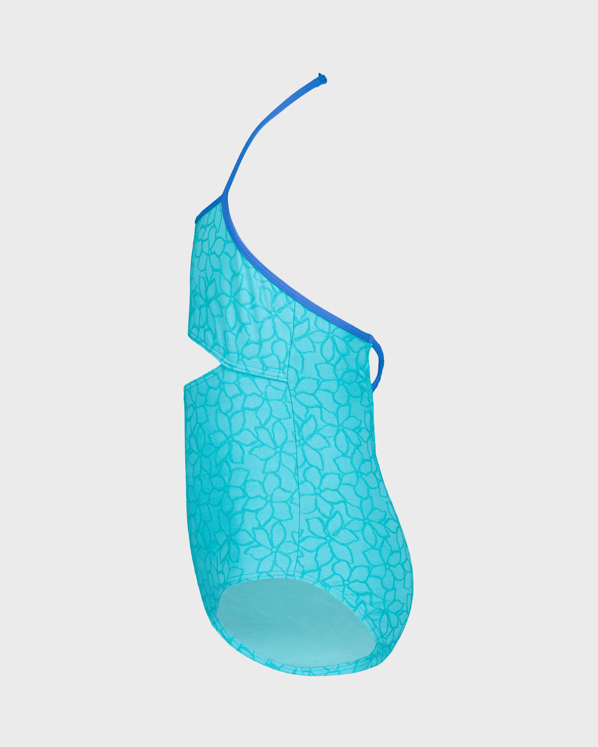 Turquoise one-piece swimsuit with geometric leaf pattern and blue shoulder strap, displayed flat against neutral background.
