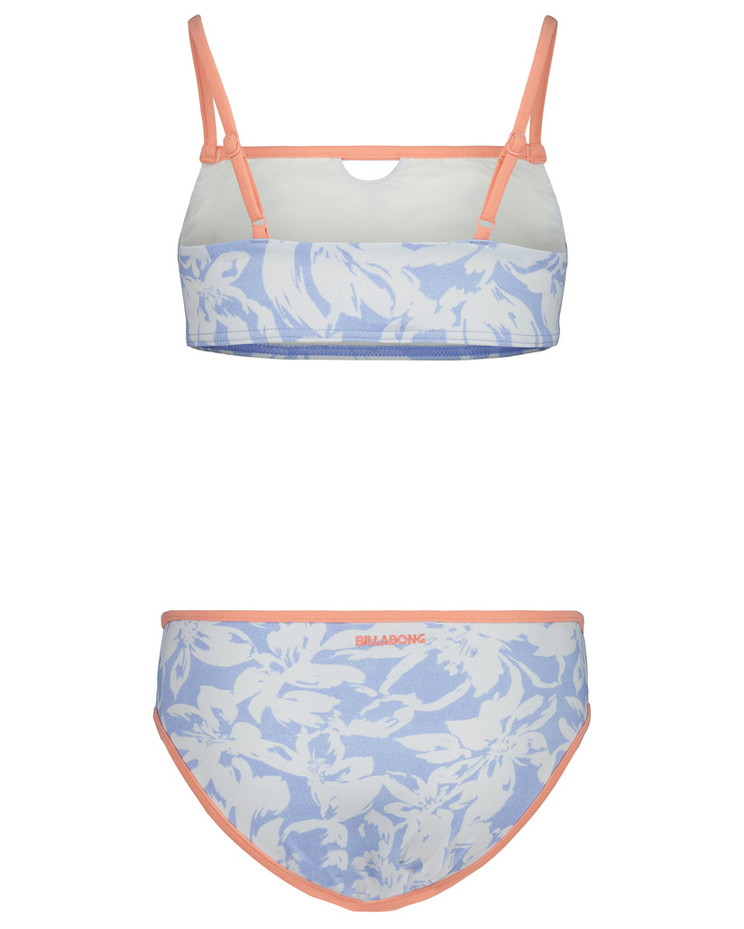 Two-piece bikini set with coral straps and blue and white leaf print on top and bottom.