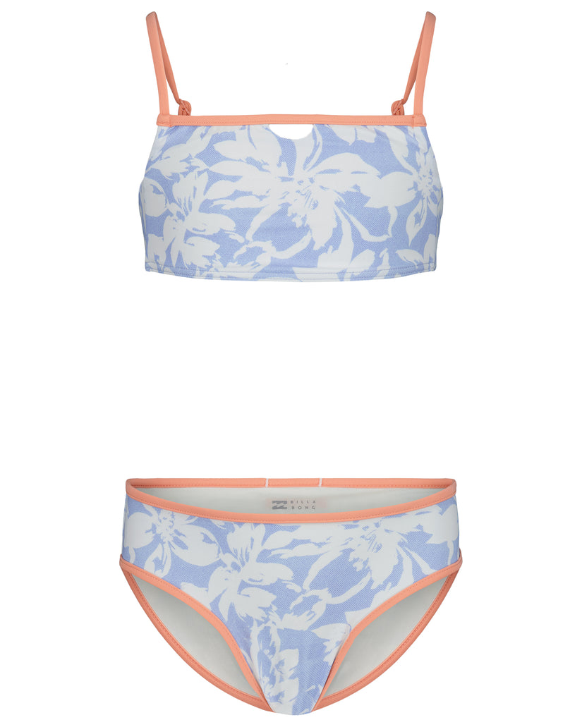 Blue and white floral bikini set with coral straps and trim on white background.
