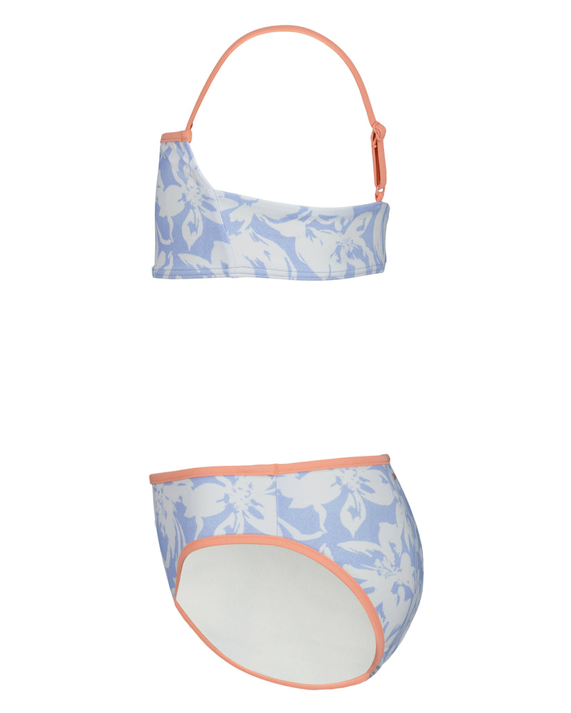 Blue and white floral bikini set with coral trim and adjustable shoulder strap.