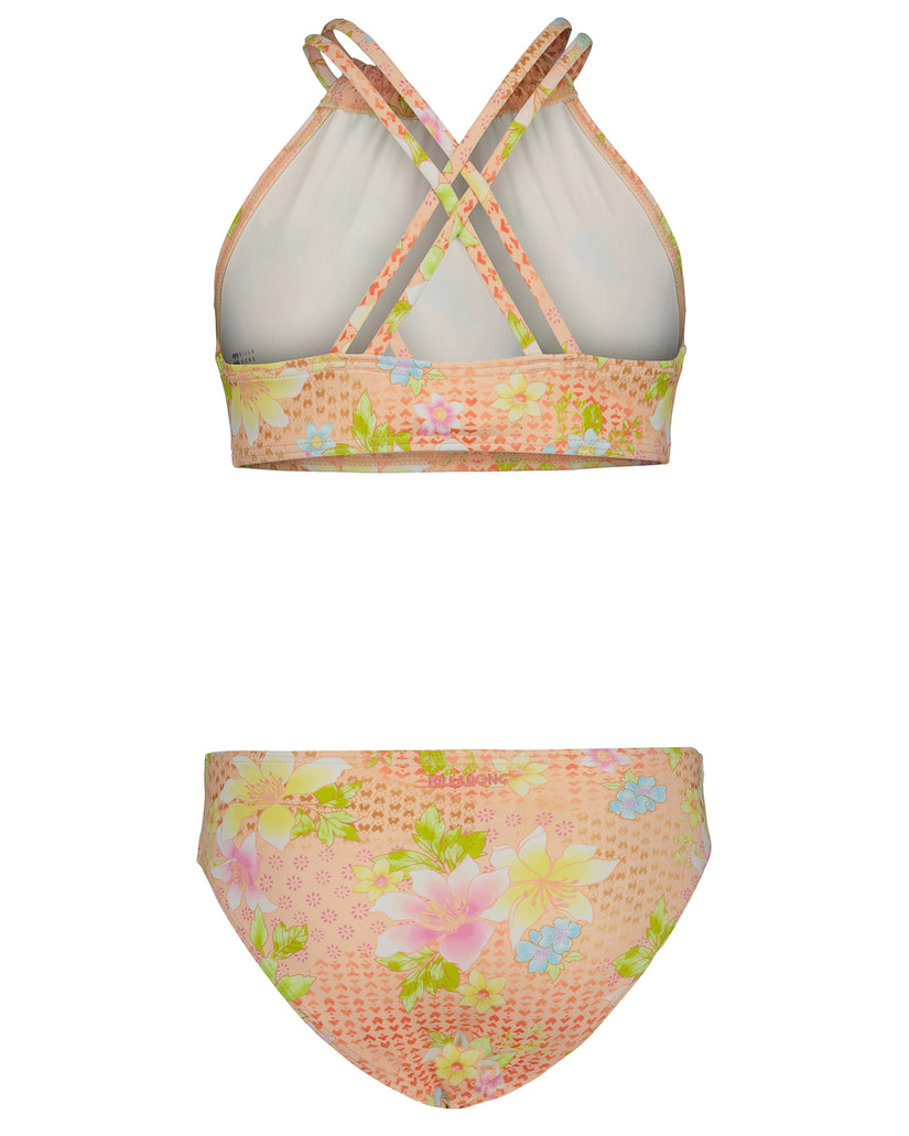 Coral bikini set with floral and geometric print, featuring cross-back top and matching bottoms.