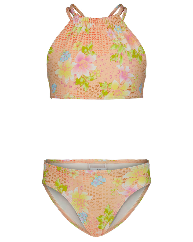 Coral bikini set with multicolored floral and geometric pattern, halter top with shoulder straps and matching briefs.