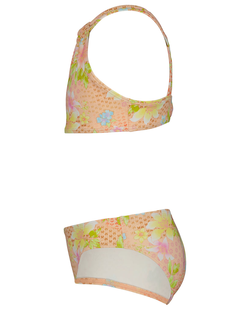 Coral two-piece bikini set with multicolor floral and geometric pattern throughout both the top and bottom pieces.