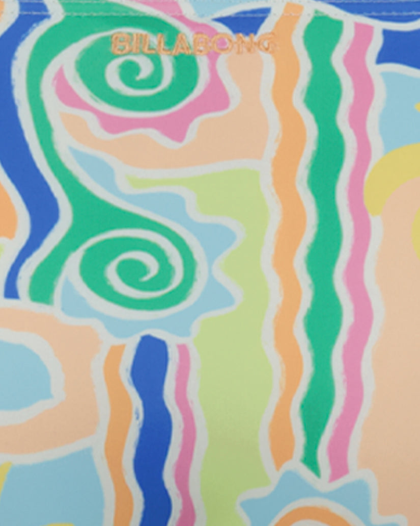 Billabong brand rashguard fabric with abstract swirl and wavy stripe pattern in green, pink, blue, orange, and yellow.