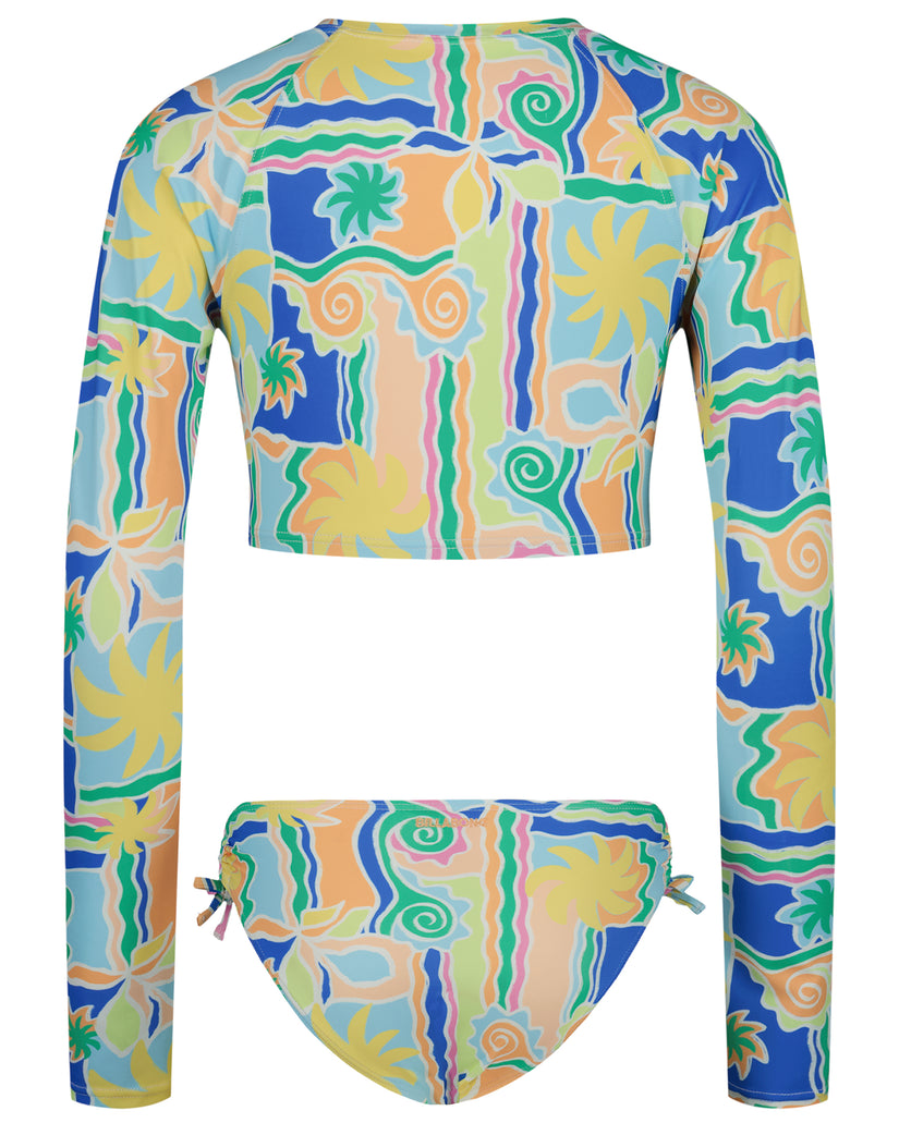 Girls' two-piece rashguard swimsuit with multicolored abstract print in yellow, blue, green, and orange.