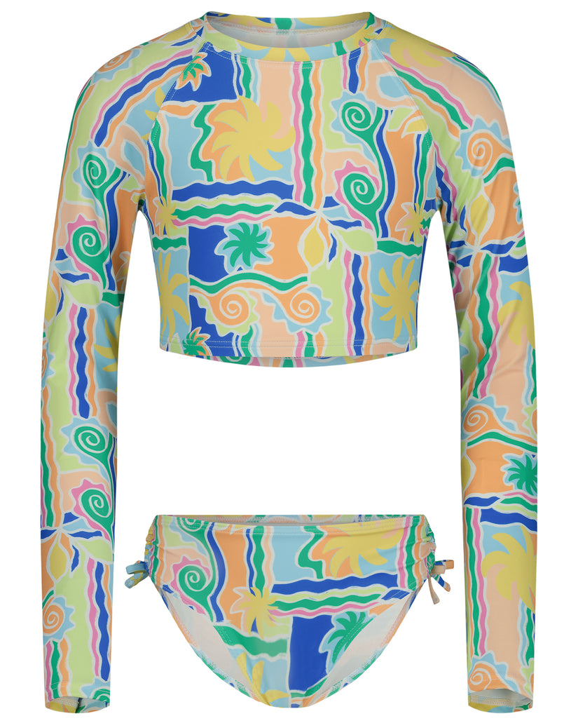 Multicolored crop rashguard with long sleeves and matching swim bottoms featuring abstract tropical print in yellow, green, b