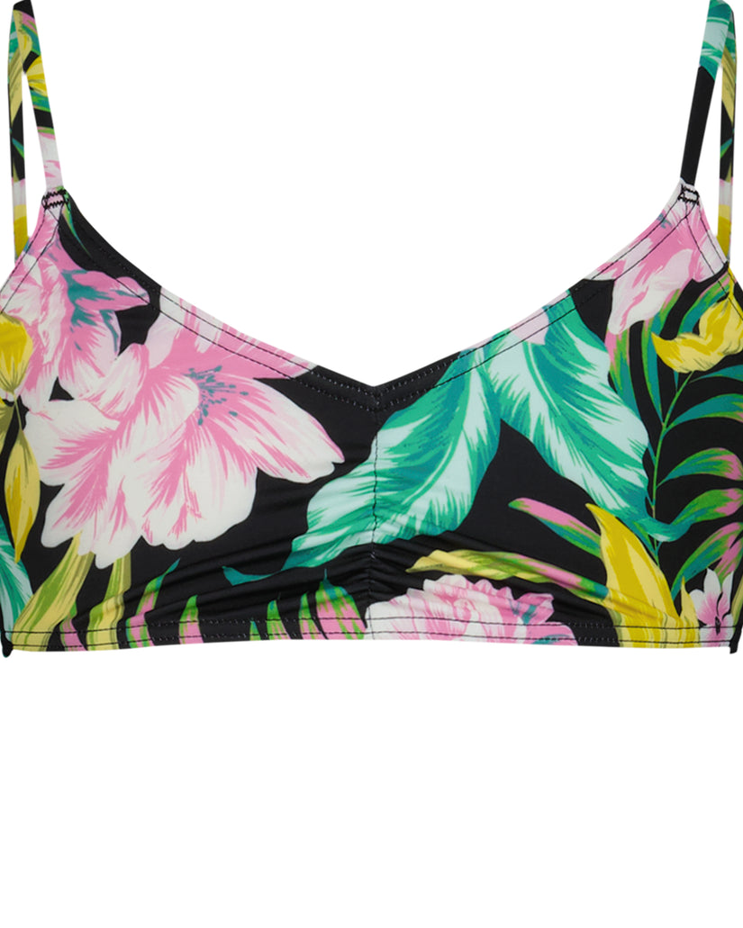 Two-piece bikini top with tropical floral print in pink, green, yellow, and black on black background with adjustable straps.