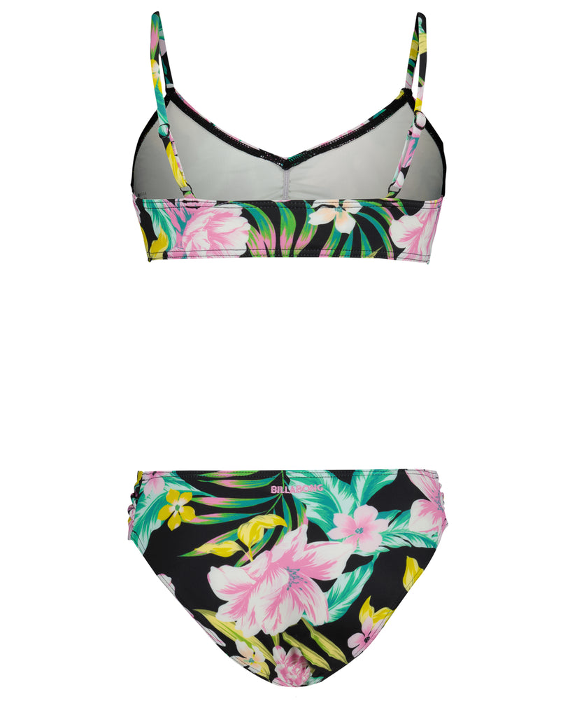 Girls bikini set with gray and black bandeau top with colorful floral and tropical print straps and matching black brief with
