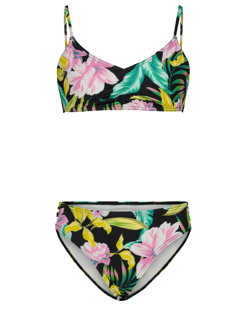 Two-piece bikini set with tropical floral print featuring pink, yellow, and teal flowers on black background.