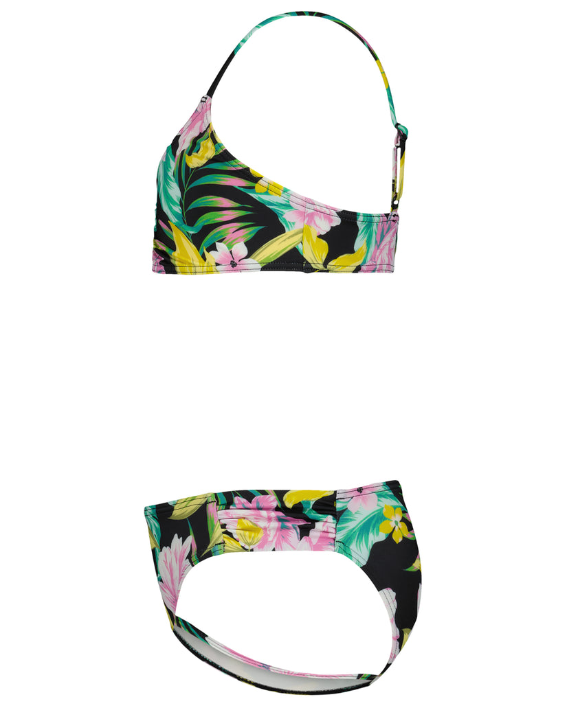 Two-piece bikini set with tropical floral print in pink, yellow, and teal on black background with adjustable straps.