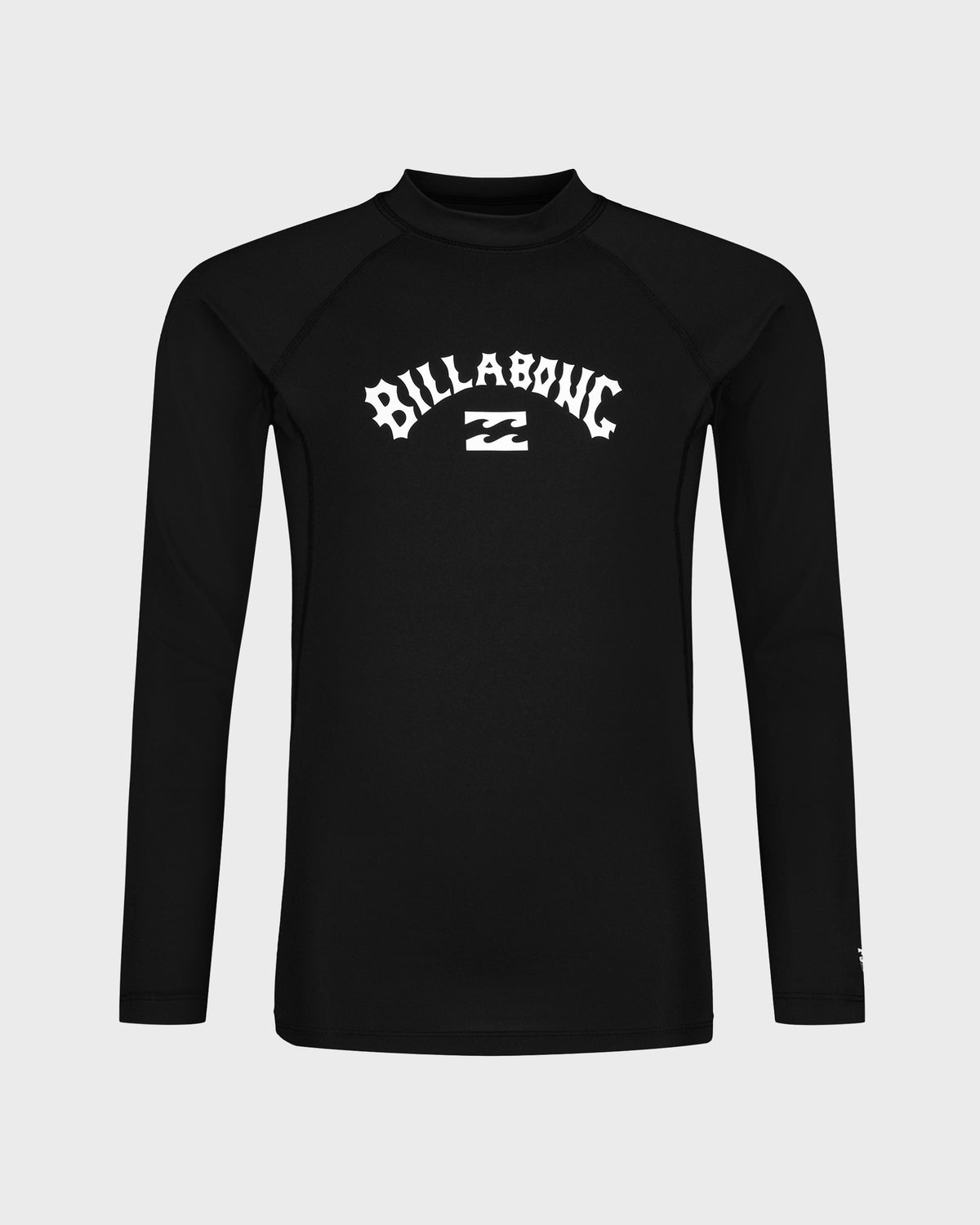 Black long sleeve rashguard with white Billabong logo and contrasting white side panels.