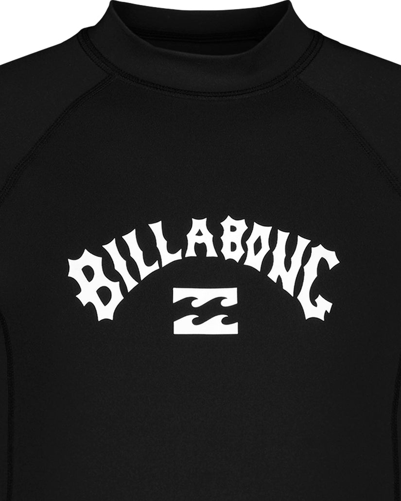 Black long sleeve rashguard with white Billabong logo and arch text on chest.