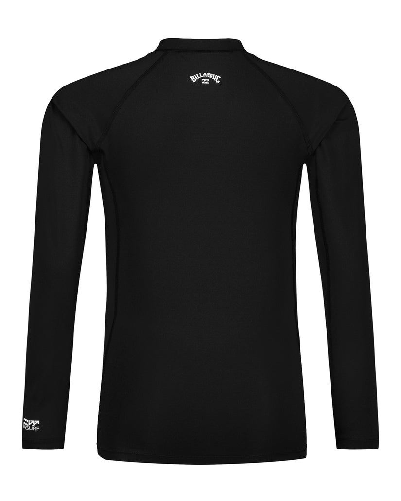 Black long sleeve rashguard with white side panels and Billabong branding on neck and wrist.