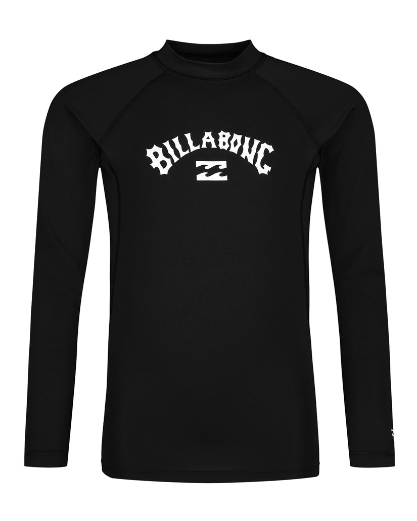 Black long sleeve rashguard with white Billabong logo and Z emblem on chest.