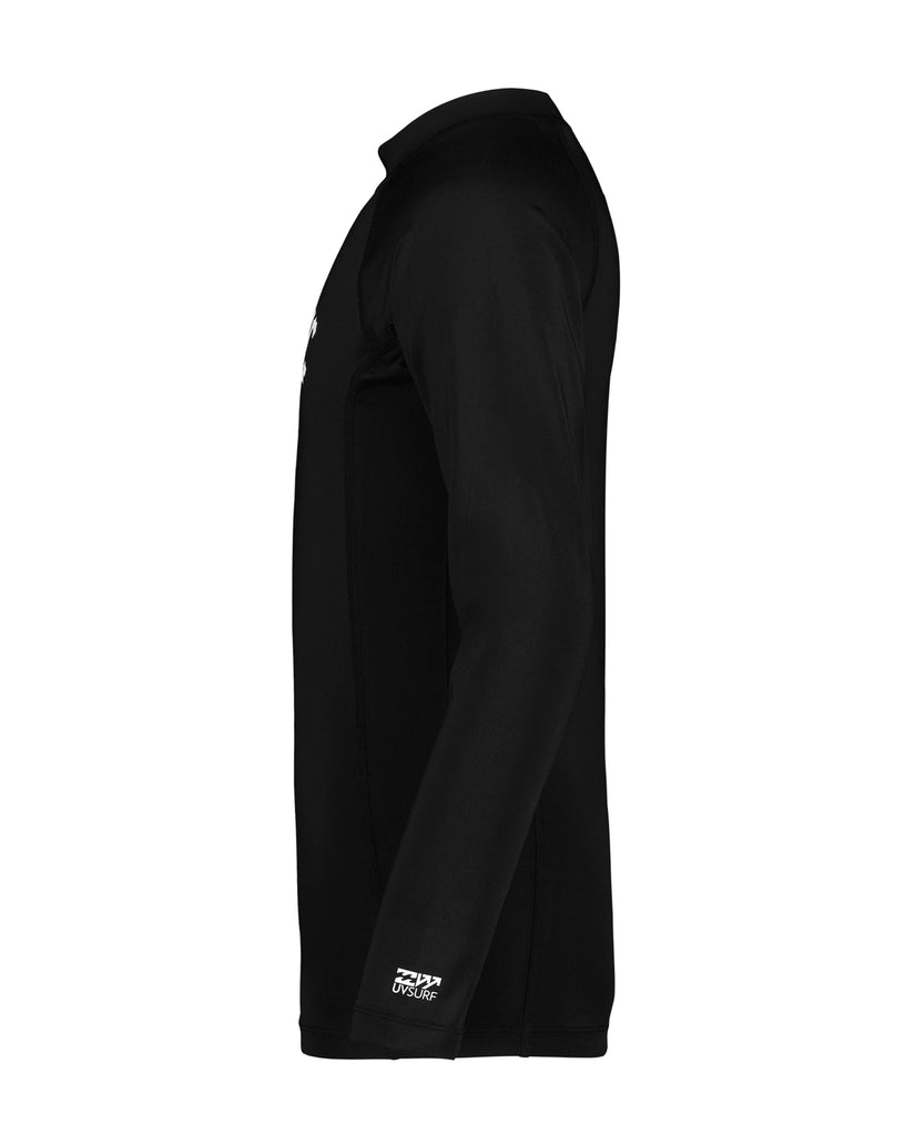 Black long sleeve rashguard with crew neckline, shown from the side on a mannequin.