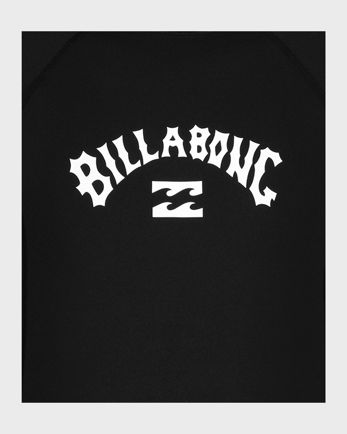 Black long sleeve rashguard with white Billabong logo and brand text across chest.