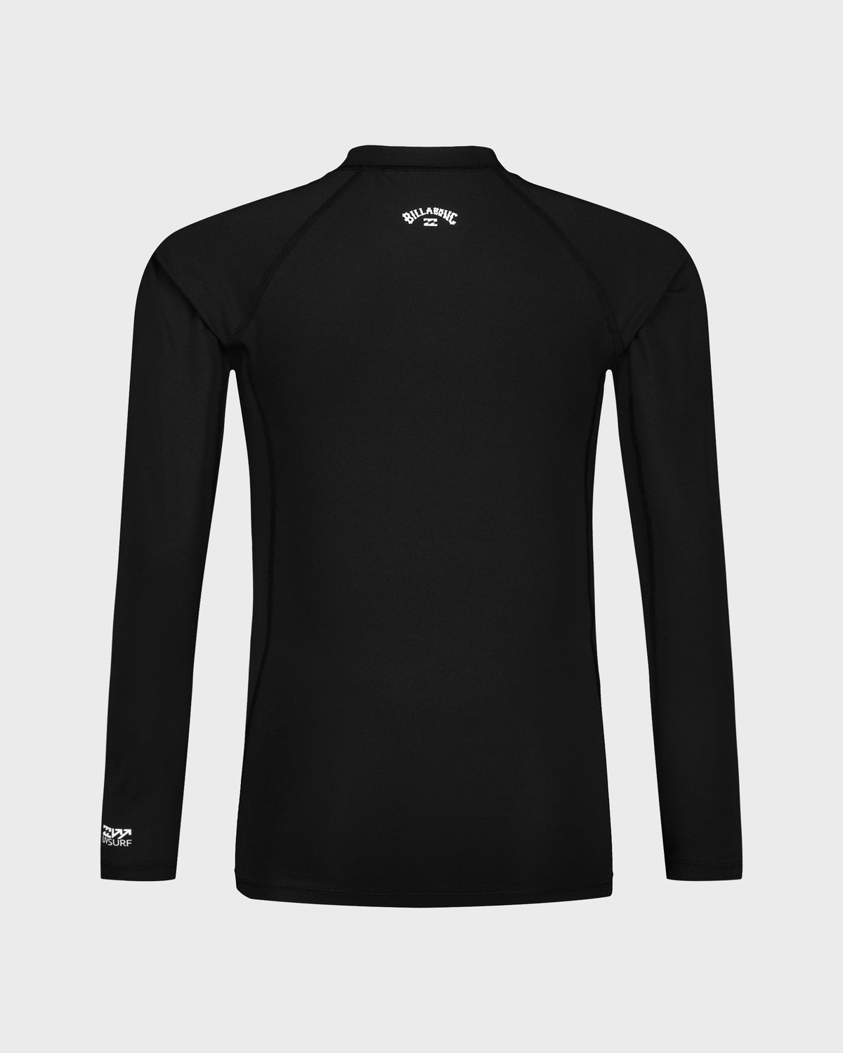 Black long-sleeve rashguard with white side panels and brand logo at neck and wrist.